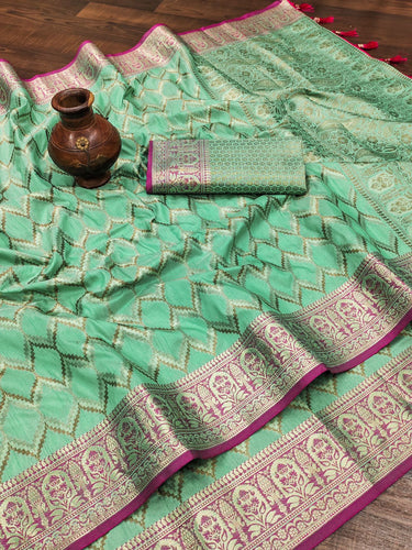 Confounding Sea Green Soft Banarasi Silk Saree With Artistic Blouse Piece