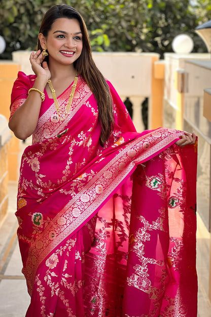 Adorable Dark Pink Soft Banarasi Silk Saree With Blissful Blouse Piece