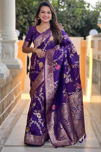 Demesne Purple Soft Banarasi Silk Saree With Palimpsest Blouse Piece