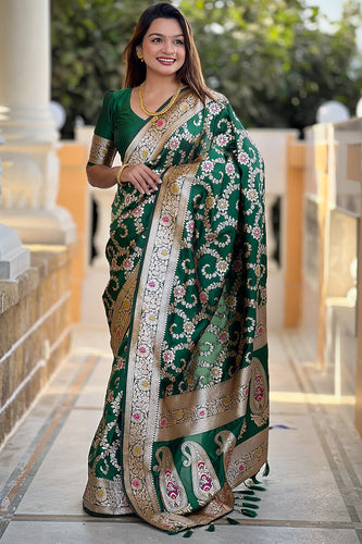 Innovative Dark Green Soft Banarasi Silk Saree With Lovely Blouse Piece