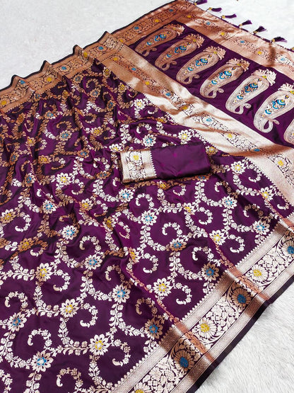 Surreptitious Wine Soft Banarasi Silk Saree With Engaging Blouse Piece
