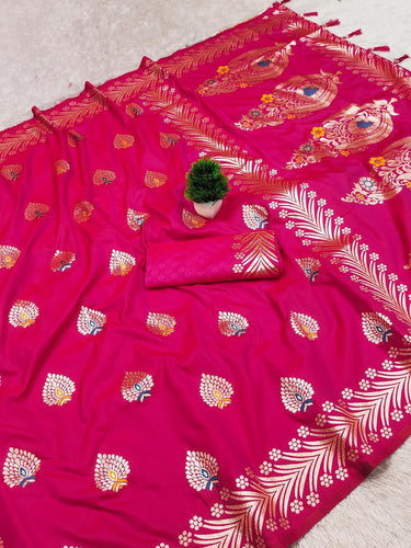 Pretty Dark Pink Soft Banarasi Silk Saree With Zephyr Blouse Piece