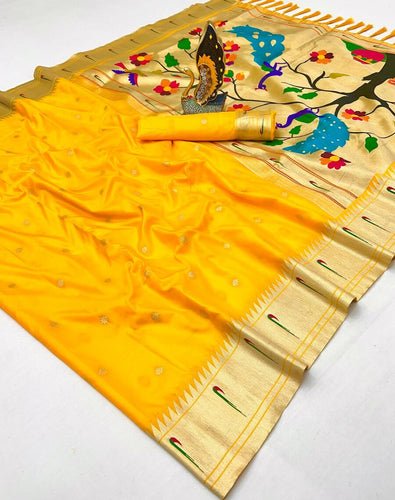 Classy Yellow Paithani Silk Saree With Breathtaking Blouse Piece