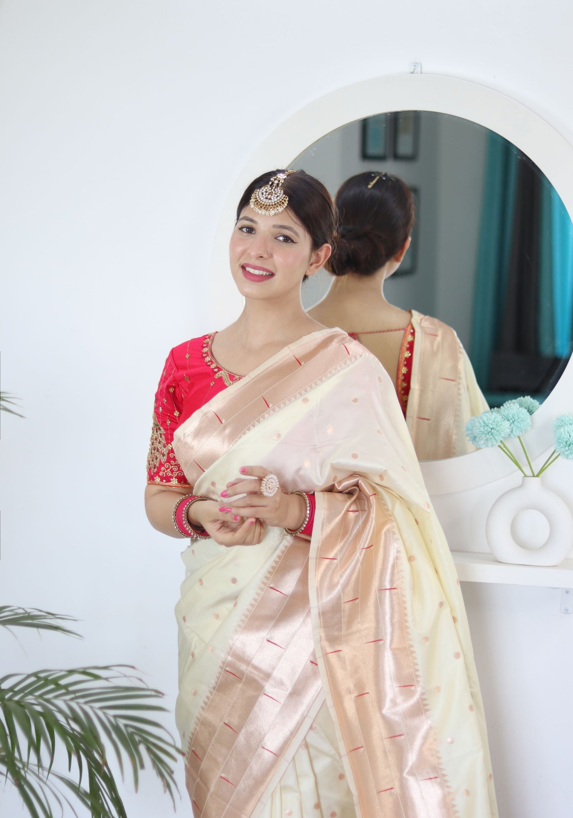 Sizzling Beige Paithani Silk Saree With Girlish Blouse Piece