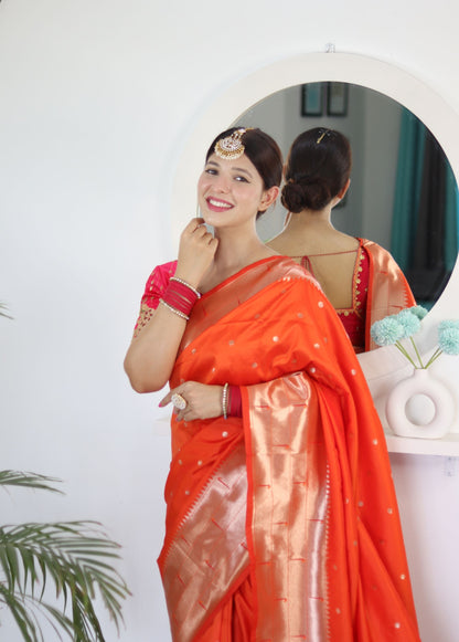 Charming Orange Paithani Silk Saree With Captivating Blouse Piece