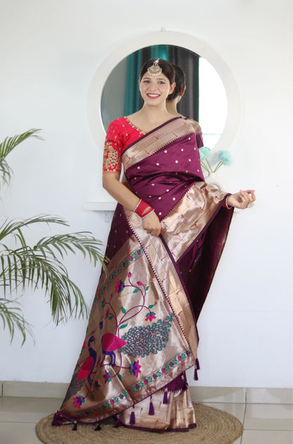 Invaluable Wine Paithani Silk Saree With Mesmerising Blouse Piece