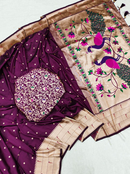 Invaluable Wine Paithani Silk Saree With Mesmerising Blouse Piece
