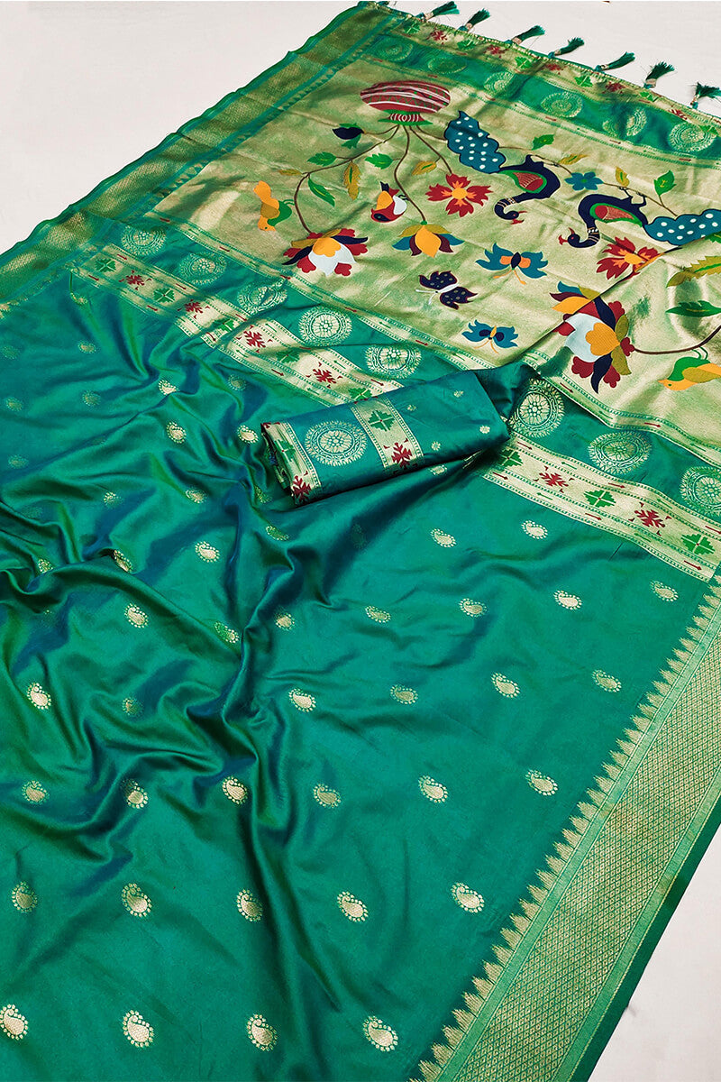 Traditional Green Paithani Silk Saree With Dalliance Blouse Piece