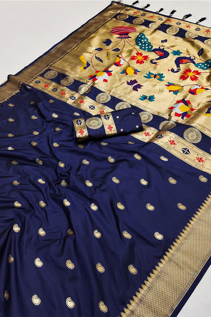 Gossamer Navy Blue Paithani Silk Saree With Scintilla Blouse Piece
