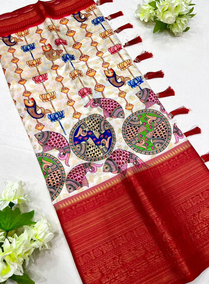 Dissemble Beige Kalamkari Printed Saree With Sempiternal Blouse Piece