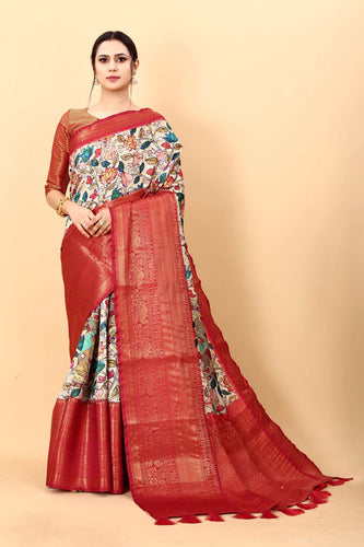 Amiable Beige Kalamkari Printed Saree With Symmetrical Blouse Piece