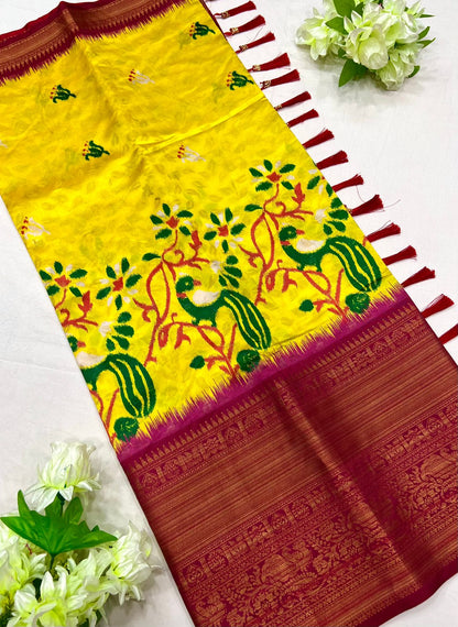 Majesty Yellow Kalamkari Printed Saree With Entrancing Blouse Piece