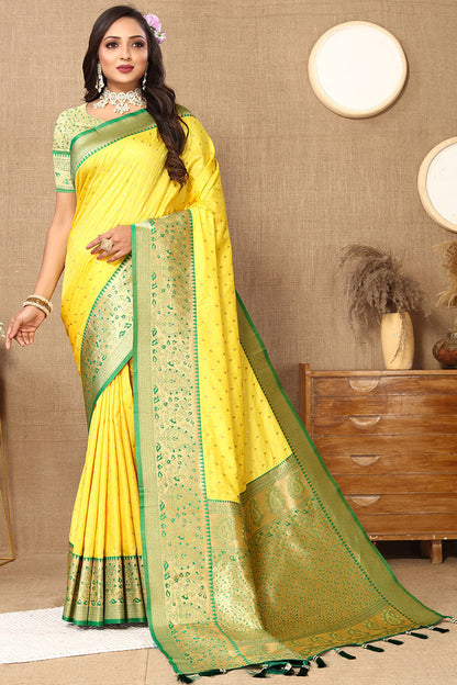 Forbearance Yellow Soft Banarasi Silk Saree With Efflorescence Blouse Piece