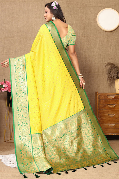 Forbearance Yellow Soft Banarasi Silk Saree With Efflorescence Blouse Piece