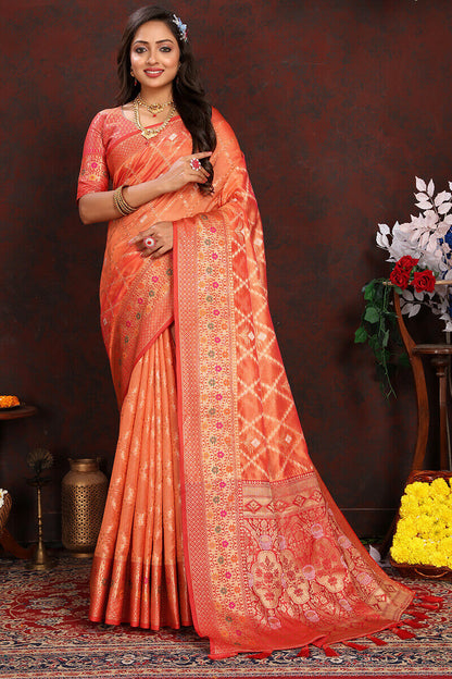 Invaluable Orange Soft Banarasi Silk Saree With Appealing Blouse Piece