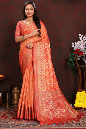 Invaluable Orange Soft Banarasi Silk Saree With Appealing Blouse Piece