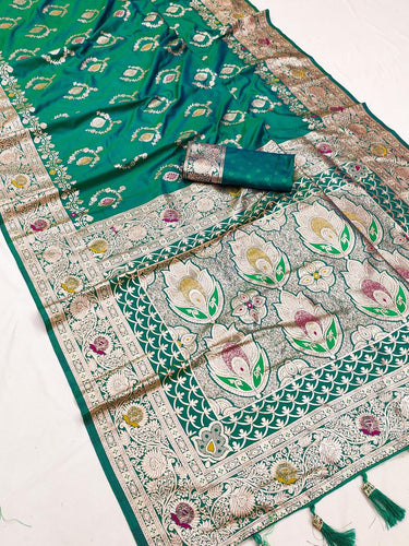 Classic Sea Green Soft Banarasi Silk Saree With Radiant Blouse Piece