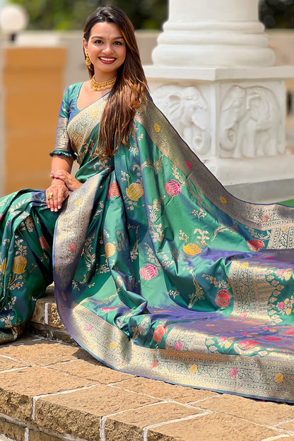 Rhapsody Rama Soft Banarasi Silk Saree With Posh Blouse Piece