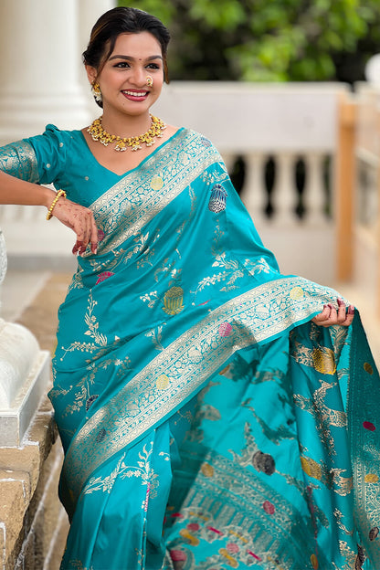 Snazzy Sea Green Soft Banarasi Silk Saree With Sumptuous Blouse Piece