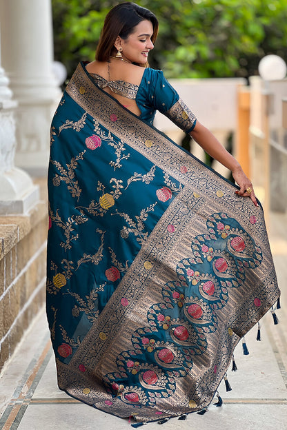 Demesne Teal Blue Soft Banarasi Silk Saree With Forbearance Blouse Piece