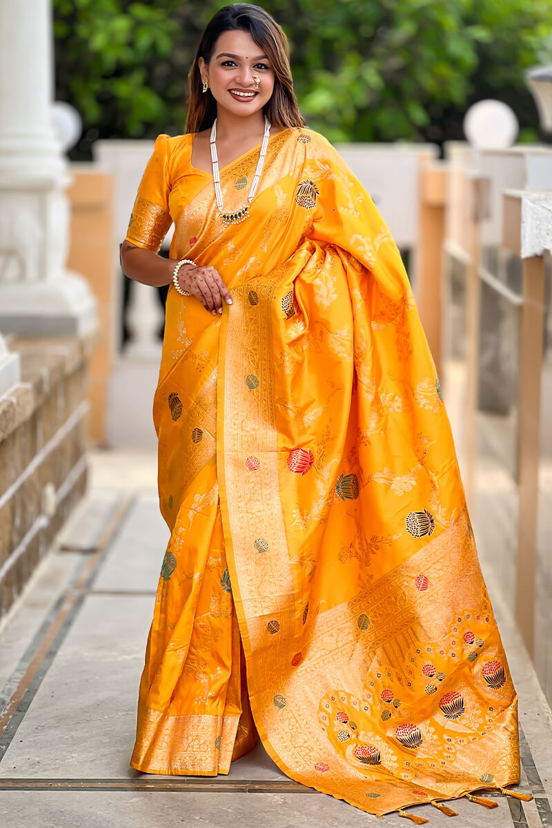 Admirable Yellow Soft Banarasi Silk Saree With Angelic Blouse Piece