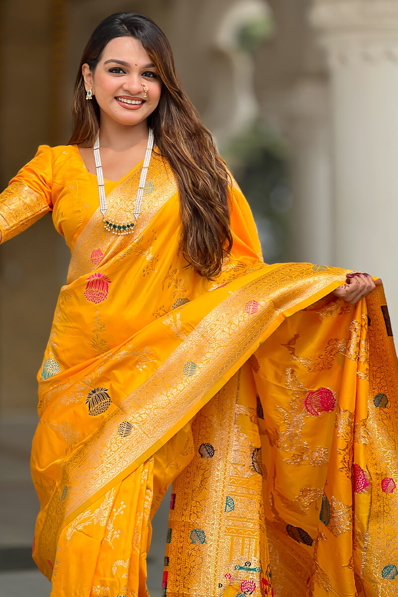 Admirable Yellow Soft Banarasi Silk Saree With Angelic Blouse Piece