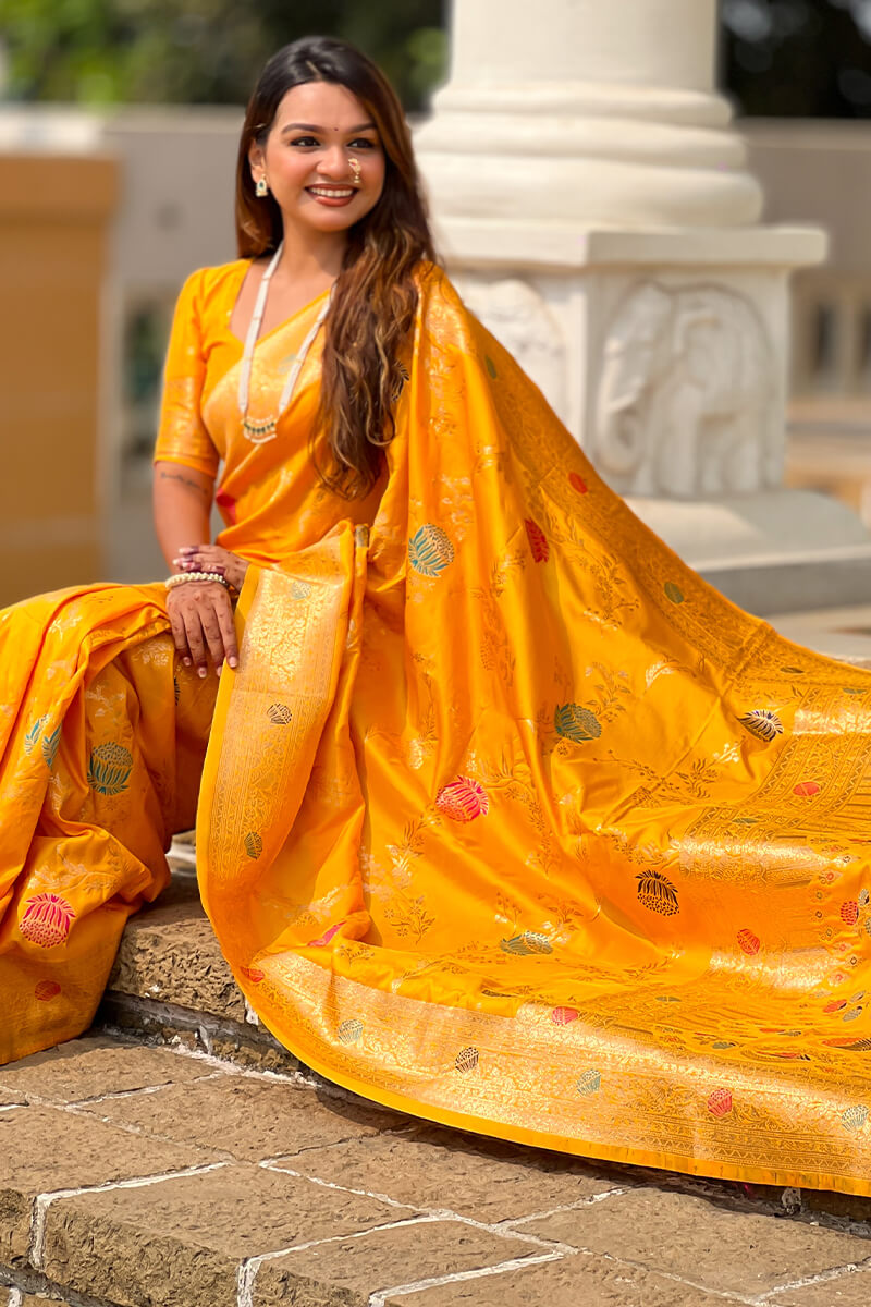 Admirable Yellow Soft Banarasi Silk Saree With Angelic Blouse Piece