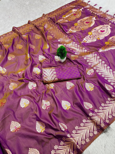 Designer Lavender Soft Banarasi Silk Saree With Amazing Blouse Piece