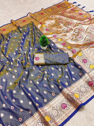 Demure Grey Soft Banarasi Silk Saree With Ineffable Blouse Piece