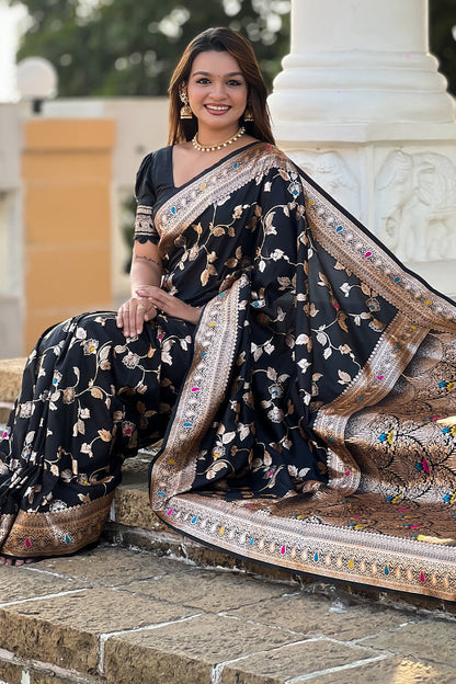 Surreptitious Black Soft Banarasi Silk Saree With Nemesis Blouse Piece