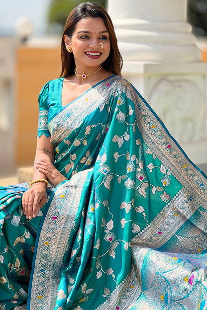 Luxuriant Rama Soft Banarasi Silk Saree With Elaborate Blouse Piece