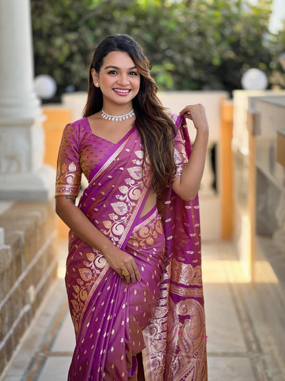 Elision Magenta Soft Banarasi Silk Saree With Tremendous Blouse Piece