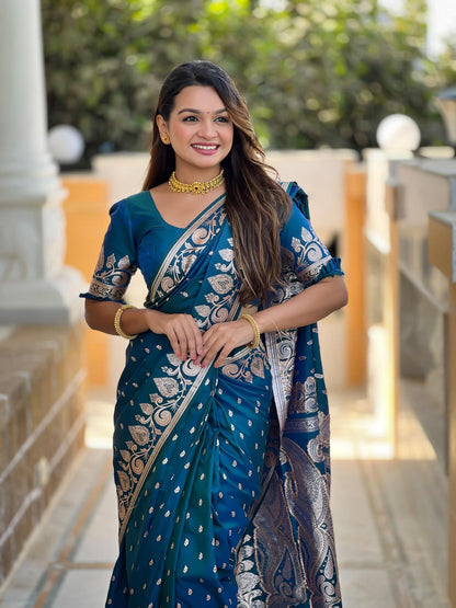 Delectable Teal Blue Soft Banarasi Silk Saree With Prettiest Blouse Piece