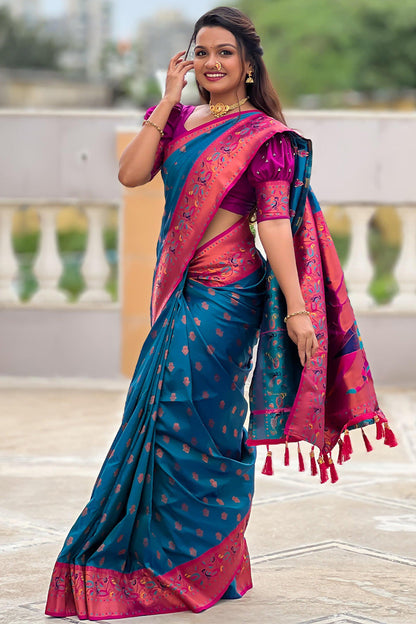 Glittering Firozi Paithani Silk Saree With Imaginative Blouse Piece