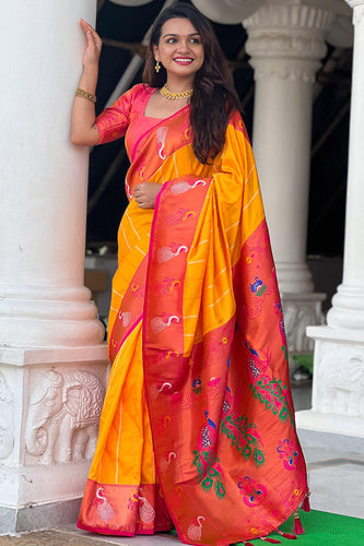 Brood Yellow Paithani Silk Saree With Ebullience Blouse Piece