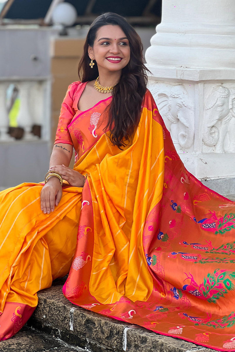 Brood Yellow Paithani Silk Saree With Ebullience Blouse Piece