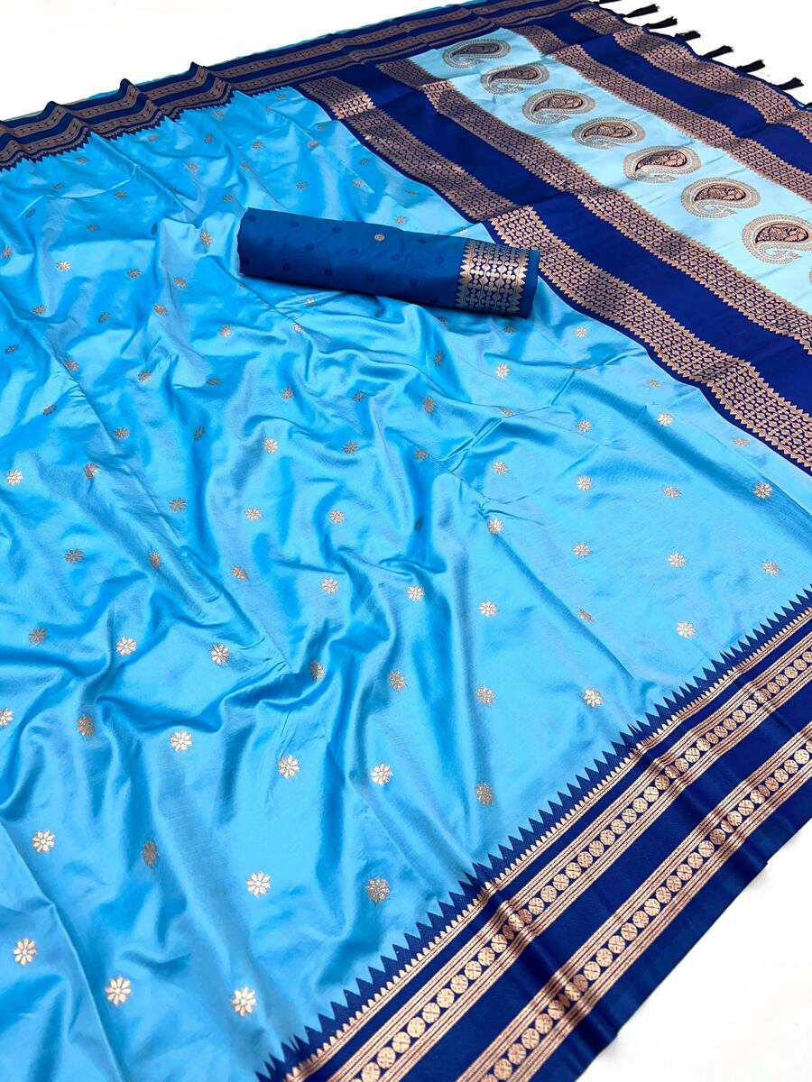 Staring Firozi Soft Banarasi Silk Saree With Blooming Blouse Piece