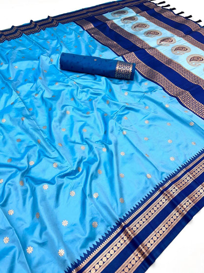 Staring Firozi Soft Banarasi Silk Saree With Blooming Blouse Piece