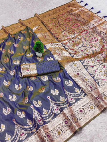 Lissome Grey Soft Banarasi Silk Saree With Imaginative Blouse Piece