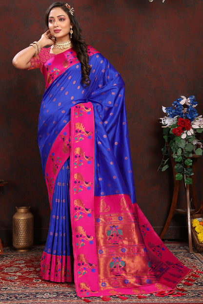 Invaluable Royal Blue Paithani Silk Saree With Skinny Blouse Piece