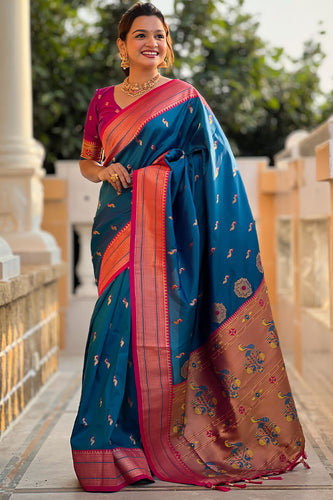 Beleaguer Rama Paithani Silk Saree With Conflate Blouse Piece