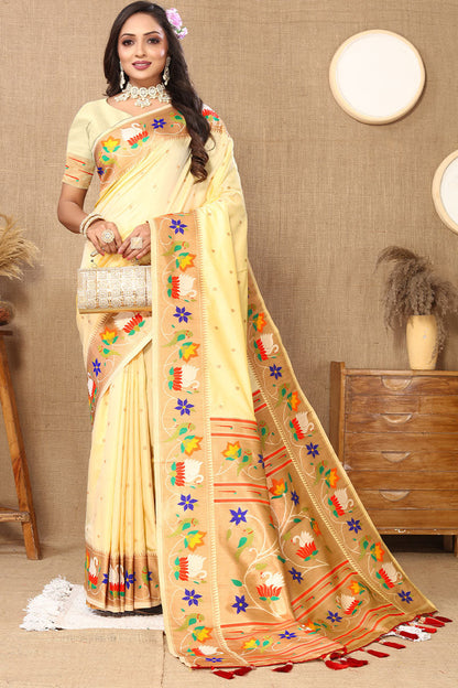 Wonderful Beige Paithani Silk Saree With Classy Blouse Piece