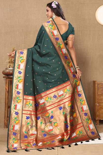 Ravishing Dark Green Paithani Silk Saree With Delightful Blouse Piece