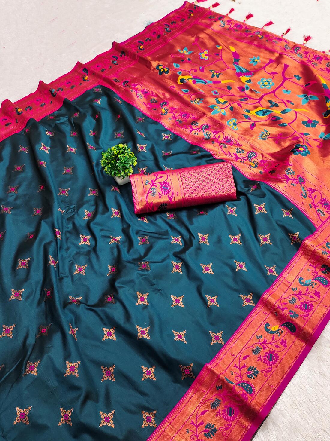 Ravishing Teal Blue Paithani Silk Saree With Gratifying Blouse Piece