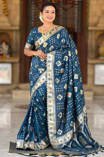 Ailurophile Rama Soft Banarasi Silk Saree With Beautiful Blouse Piece