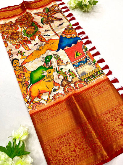 Ravishing Beige Kalamkari Printed Saree With Flameboyant Blouse Piece