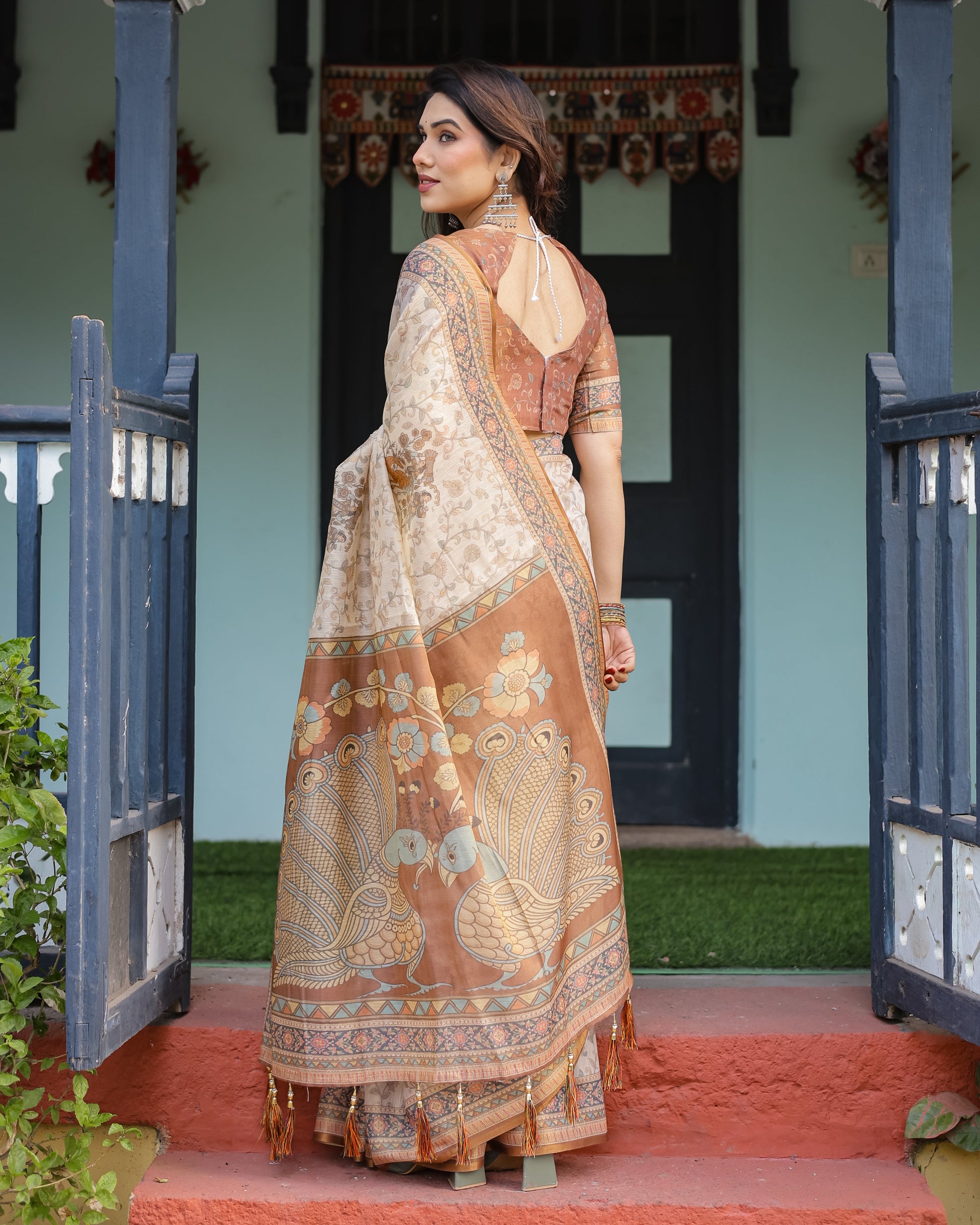 Beige Floral Printed Silk Saree with Contrast Border & Tassel Pallu