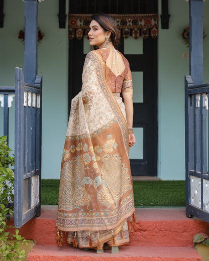 Beige Floral Printed Silk Saree with Contrast Border & Tassel Pallu