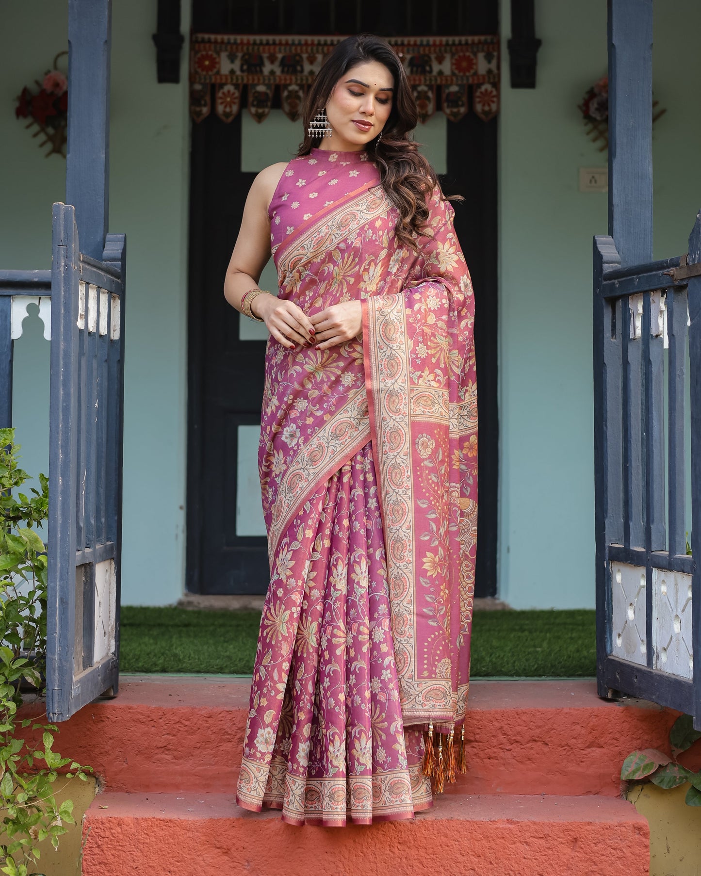 Wine Mauve Floral Printed Silk Saree with Elegant Border & Tassel Pallu