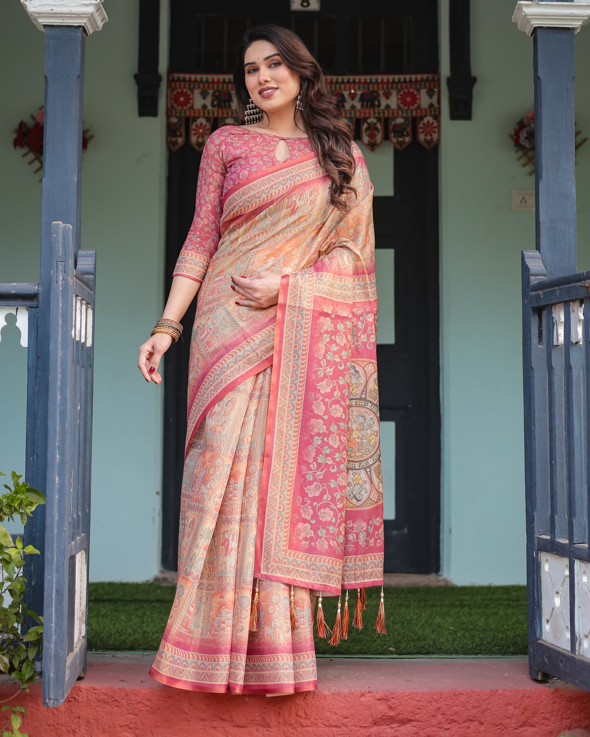 Peach & Rose Printed Silk Saree with Traditional Art Motifs & Tassel Pallu